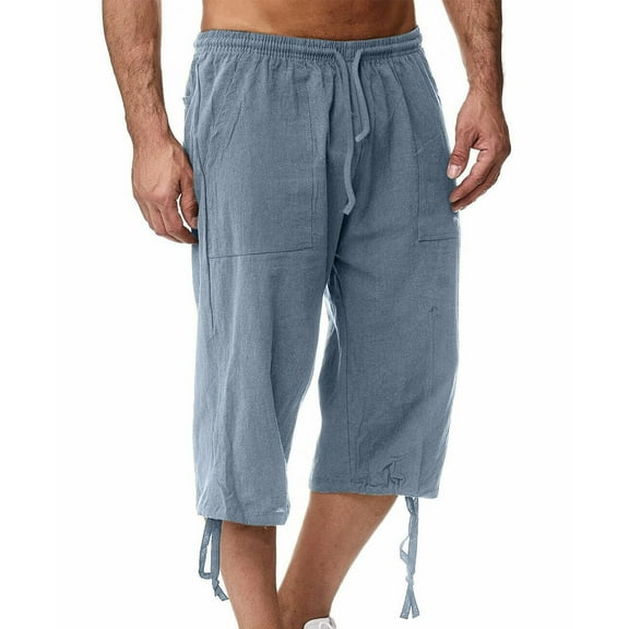 WXLWZYWL Men's Long Cotton Linen Shorts Knee Length 3/4 Baggy Pants Summer Drawstring Sport Golf Lounge Capri Pant with Pockets Cropped Pants Side Lightweight Loose Beach Shorts