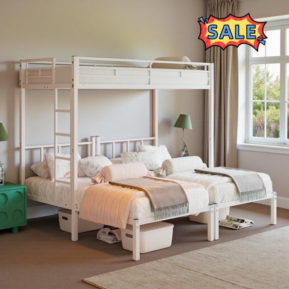 Tcbosik Triple Bunk Bed, Twin Over Twin Over Twin Size Metal Bunkbed Frame with Ladder and Guardrail, Space Saving, White