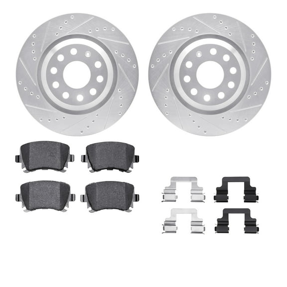 Dynamic Friction Company Rear Brake Rotors-Drilled and Slotted-Silver with 5000 Advanced Brake Pads includes Hardware 7512-74059