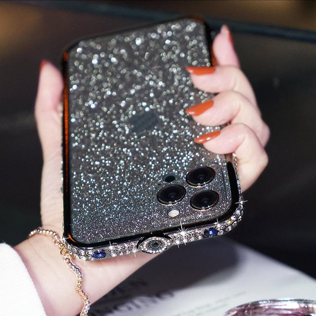 Para Iphone 13 Pro Max Bling Glitter Phone Case, Ladies Bright Black Star Diamond Phone Case con marco de parachoques de metal plateado Edge Cover Girl Fashion Lux Feliz Sencillez