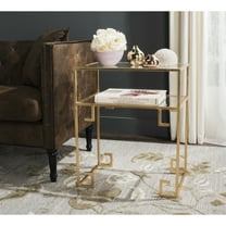 SAFAVIEH Berdine Solid Glass Top Greek Key Table with Shelf, Gold/Mirror