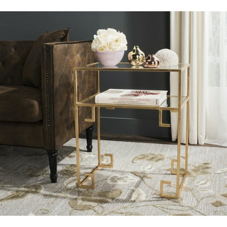 SAFAVIEH Berdine Solid Glass Top Greek Key Table with Shelf Gold/Mirror