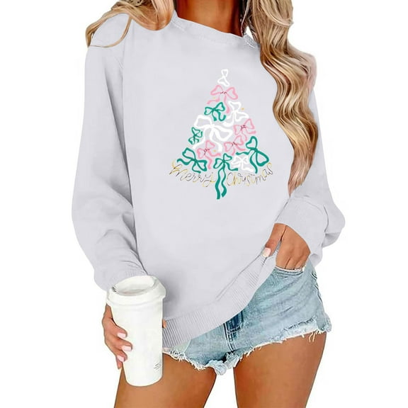GUZOM Womens White Christmas Sweatshirt, 100% Polyester Crewneck Long Sleeve with Bow Christmas Tree & Merry Christmas Print, Loose Casual Holiday Top for Women,Size L