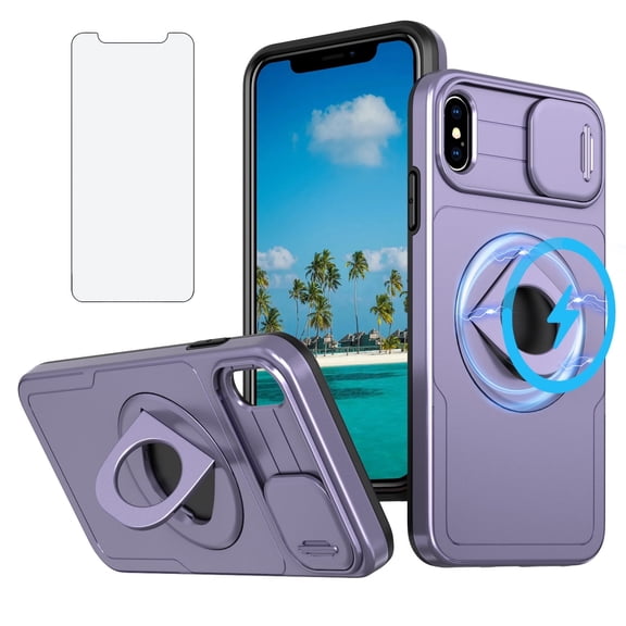 Asuwish Camera Cover, Ring Holder Rugged Cell Phone Case with Tempered Glass Screen Protector for iPhone X and iPhone XS, Purple