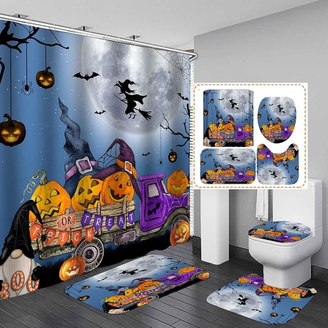 Juego de 4 cortinas de ducha con calaveras de colores, decoración de baño de Halloween con esqueleto de arcoíris psicodélico hippie, cortina de ducha de tela impermeable, alfombrilla de baño