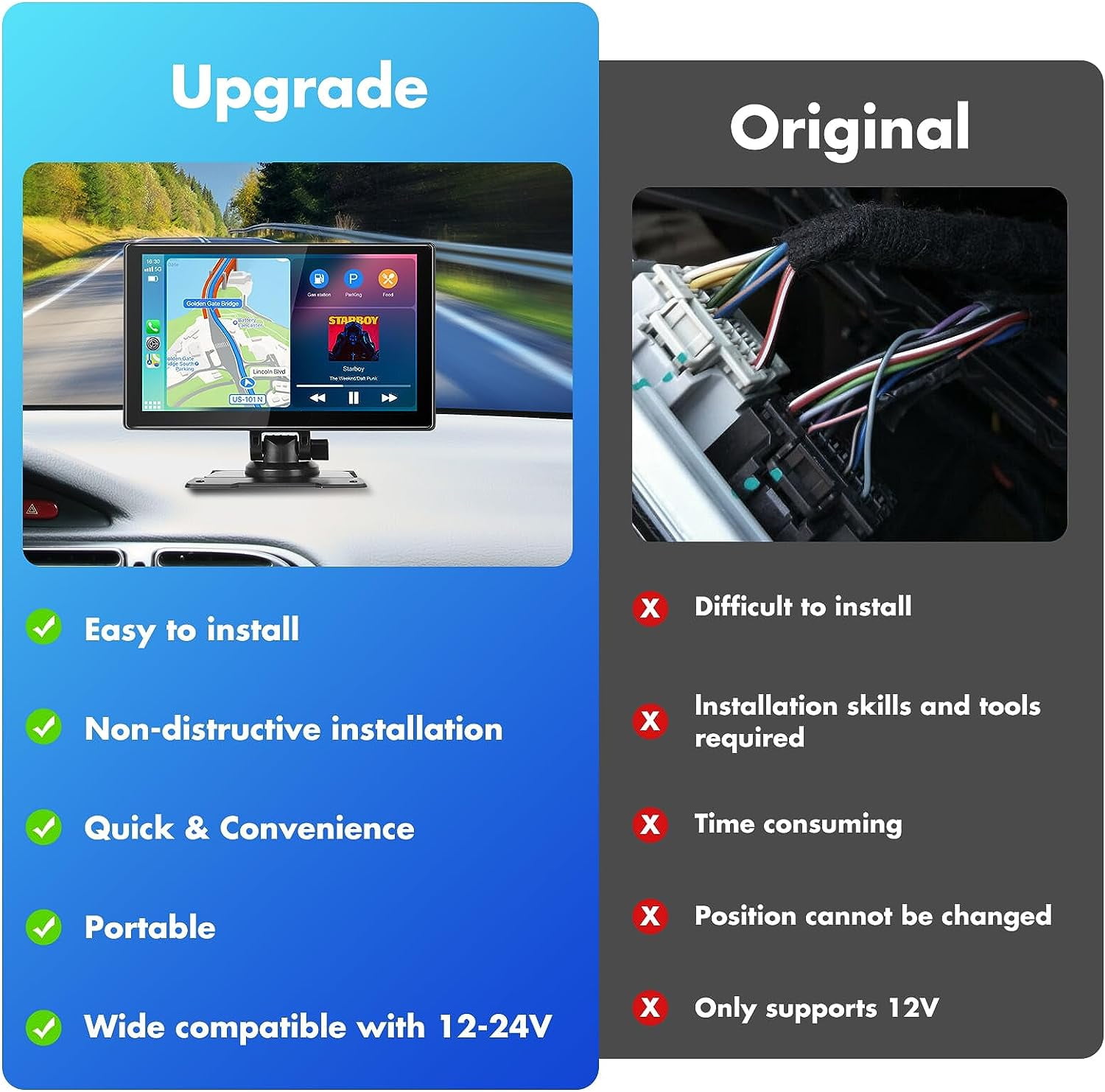 Portable Car Stereo, Wireless Apple CarPlay&Android Auto, 9” FHD Touchscreen Car Audio Receiver, Bluetooth, Rear Camera, Voice Control, AUX/USB/TF