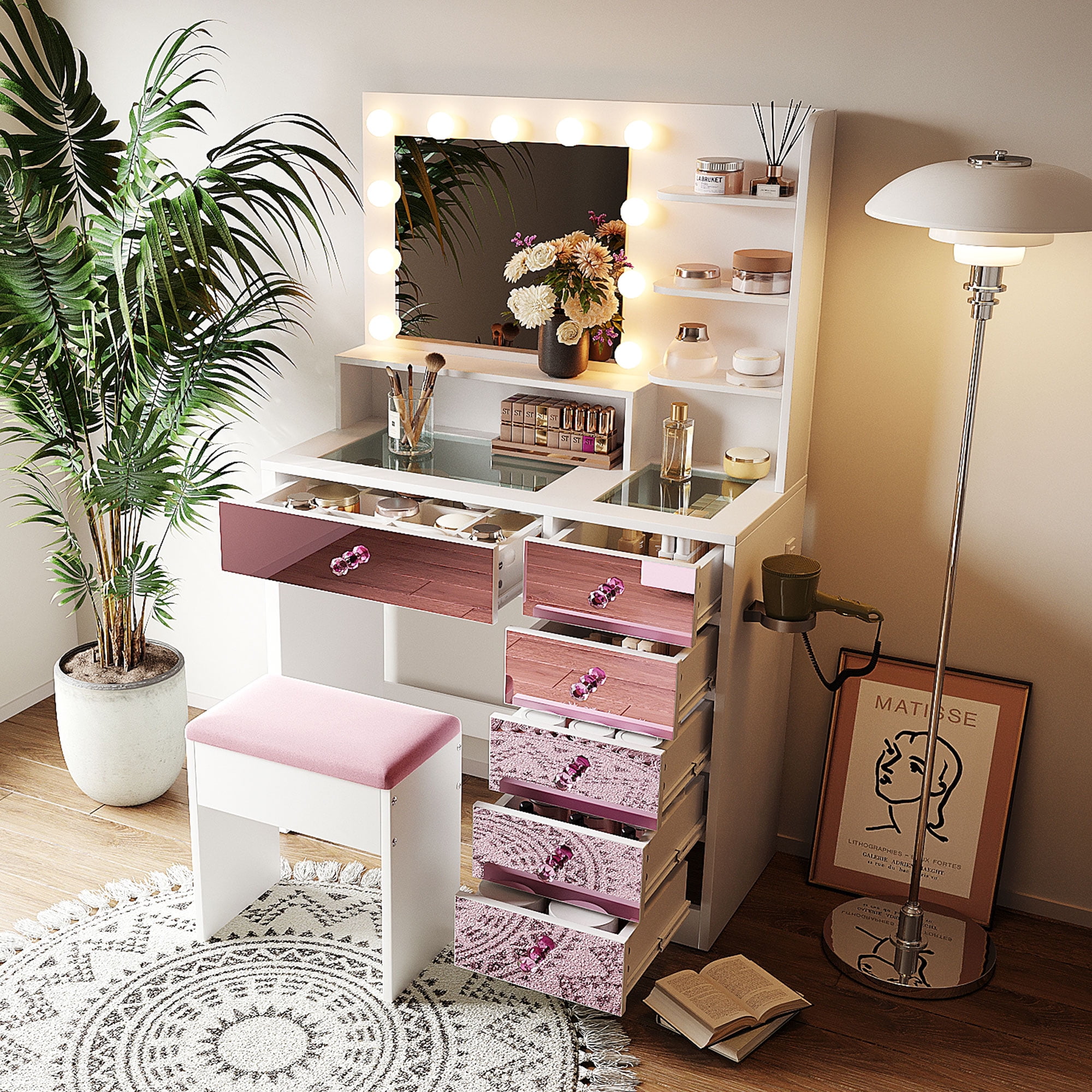 Makeup Vanity, Vanity Desk with Lights, Hollywood Vanity with 11 LED Bulbs 3 Color Modes White and Pink Glass Top 6 Drawers Open Shelves Includes Cushioned Stool, White and Pink