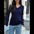thumbnail image 4 of Suéter de Punto de Larga para Mujer, Jersey Ajustado con Cuello en V, Ropa Informal de Negocios para Otoño Azul Marino L, 4 of 7