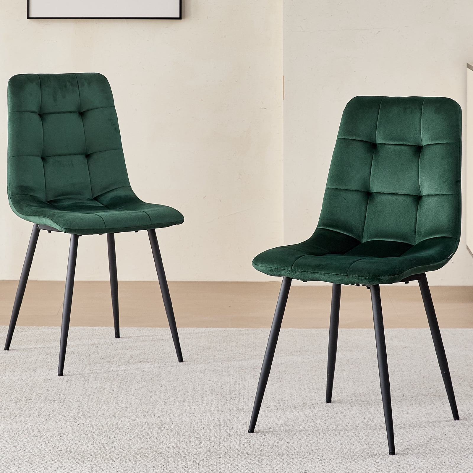 Set of 4 Velvet Dining Chairs - Mid Century Modern Dinning Chair, Upholstered Cushion Seat, Square-Patterned Backrest, Dinner Chairs with Metal Legs for Dining Living Room, Bedroom, Green