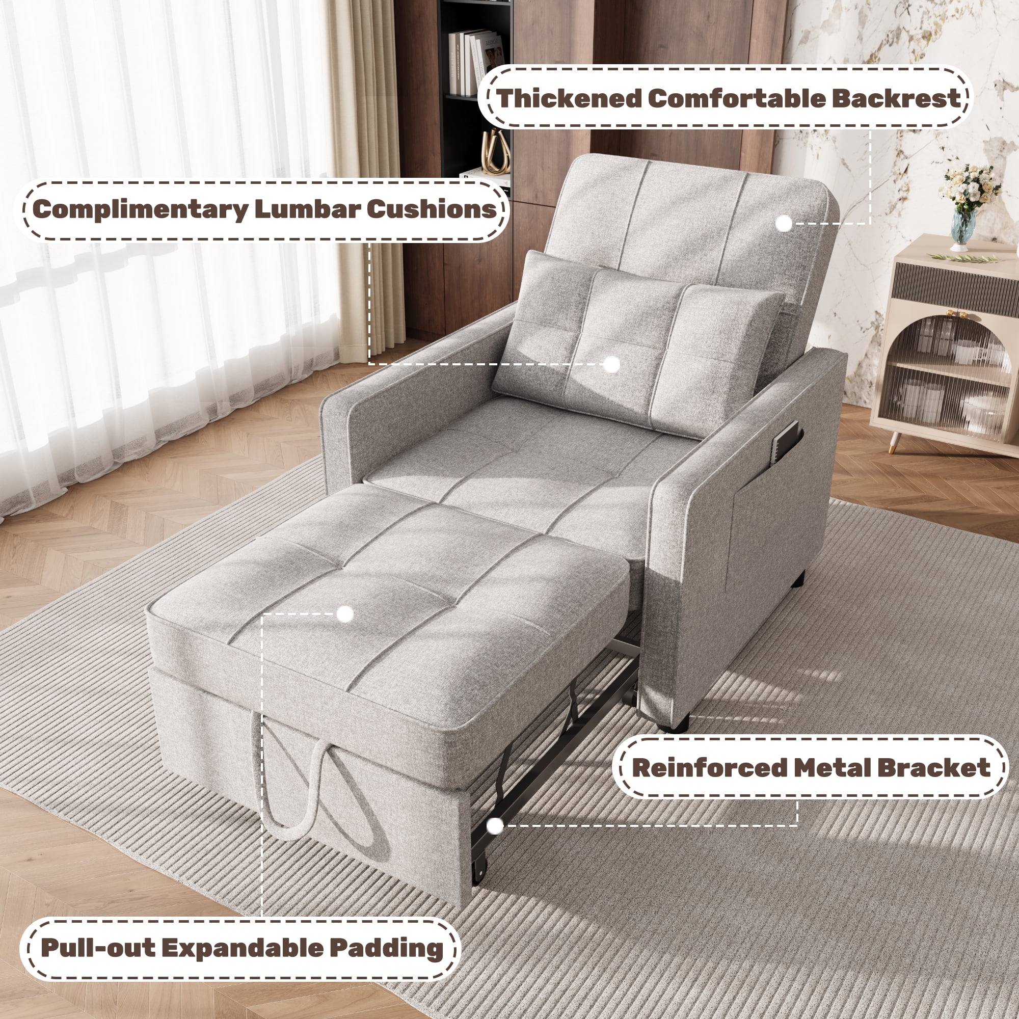 Homall Sleeper Sofa Chair Bed 3 in 1 Convertible Bed Chair Adjustable Sleeper Chair Pullout Sofa Bed,Grey