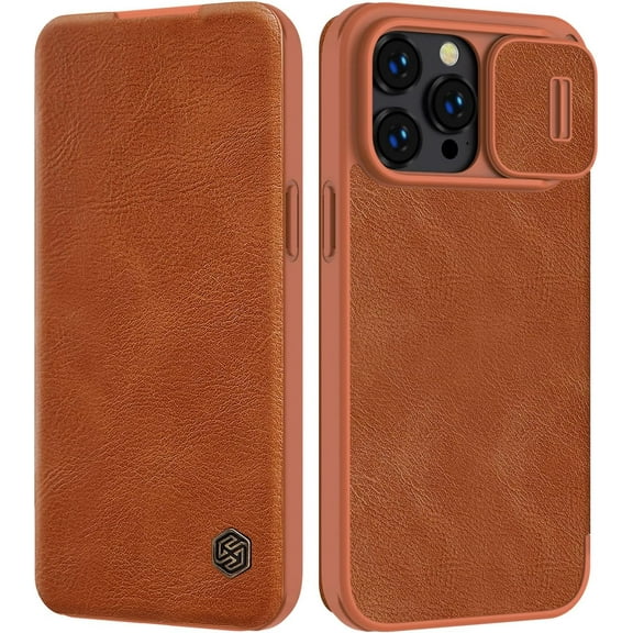 iPhone 14 Pro Max Wallet Case with Camera Cover and Card Holder, PU Leather Case Flip Cover with Slide Camera Protection 6.7 inch, Browm Brown