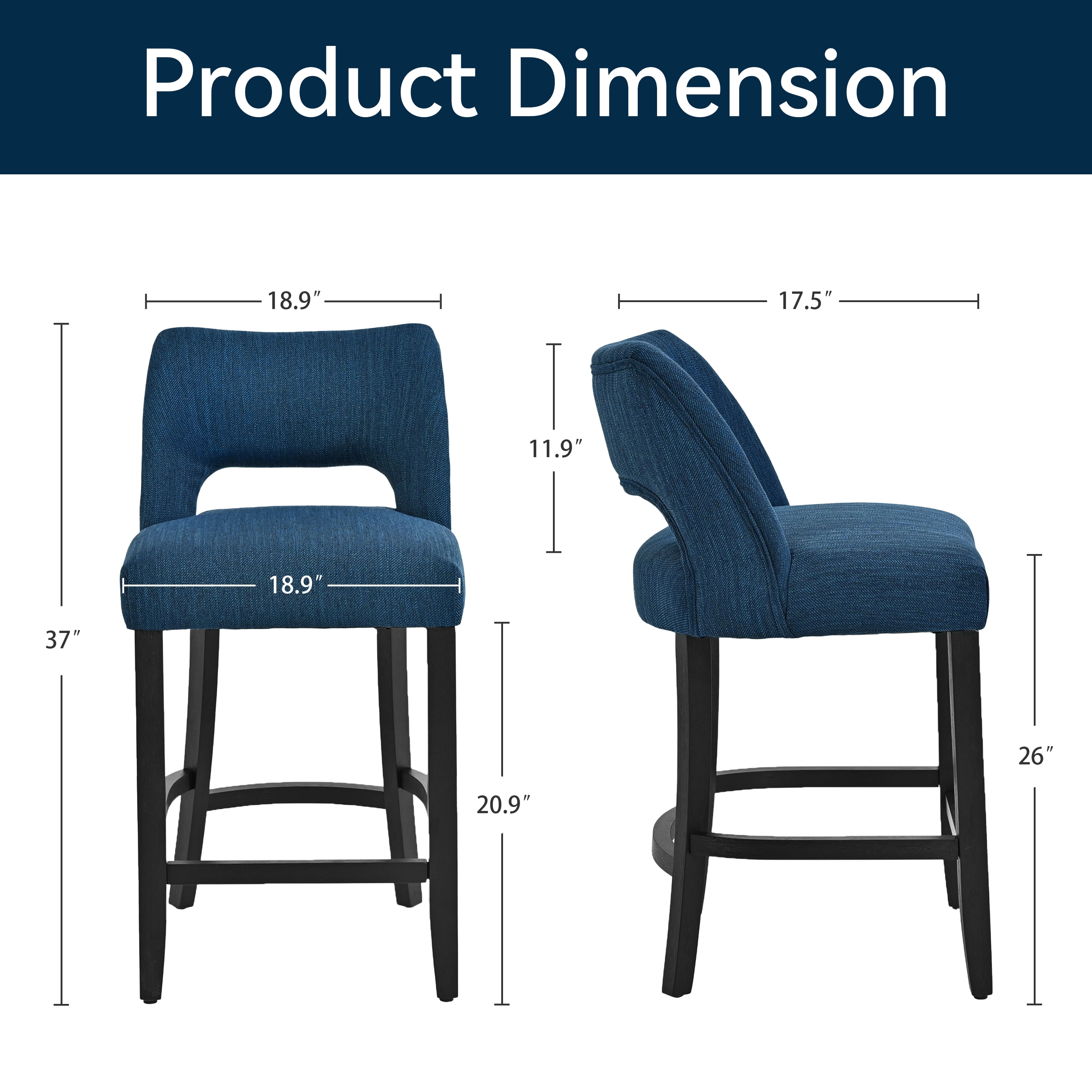 Vknow Furniture Mid-Century Counter Height Bar Stools Set of 6 with Solid Wood Legs and Ergonomic Backrest for Kitchen Island and Dining Room,Blue