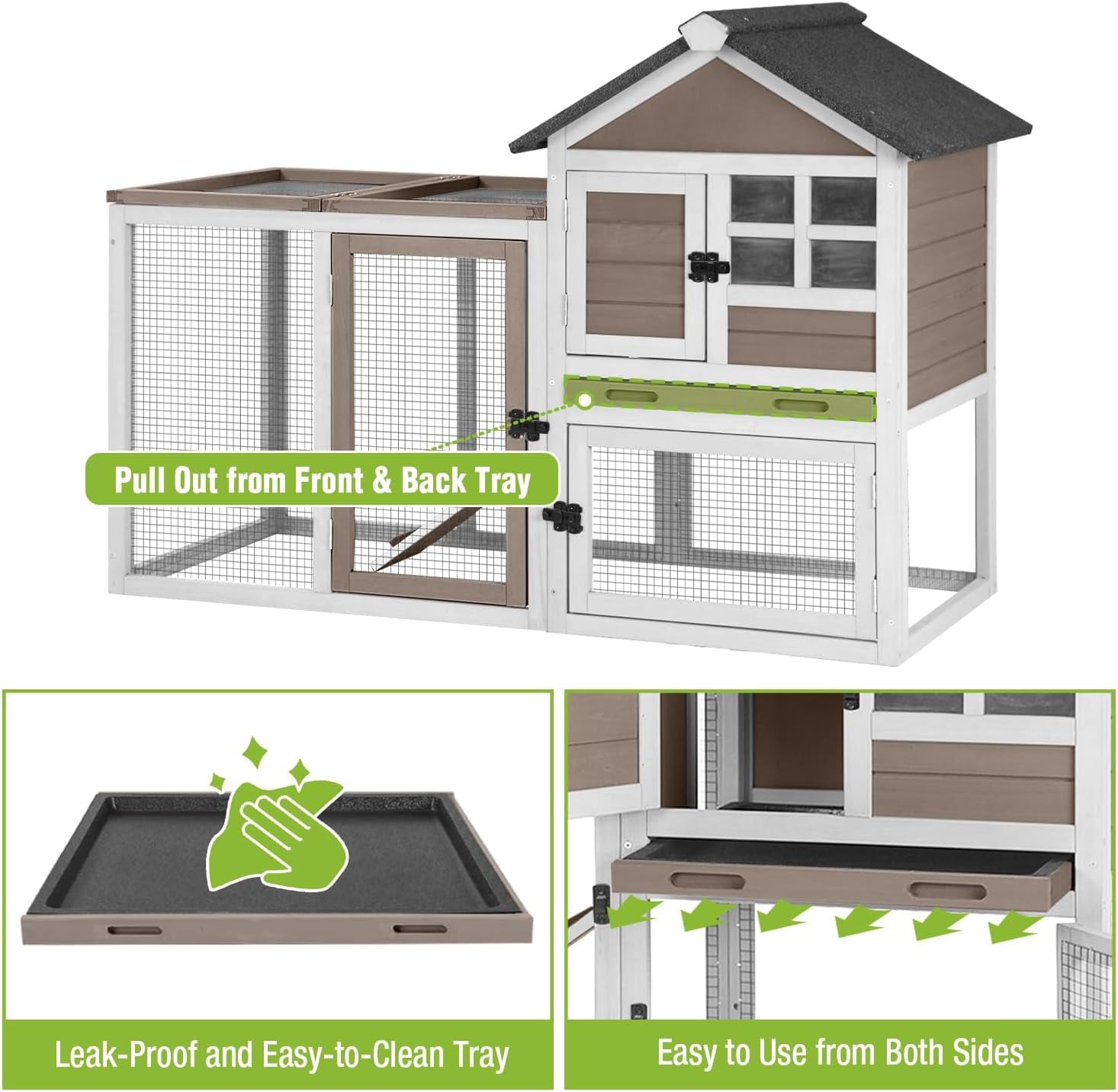 MEDEHOO Large Rabbit Hutch Indoor 2-Level Wooden Chicken Coop Outdoor Bunny Guinea Pig Cage with Run, Chew-Proof Ramp, Leak-Proof Pull Out Tray, Lockable Doors for Small Animals (Brown & White)