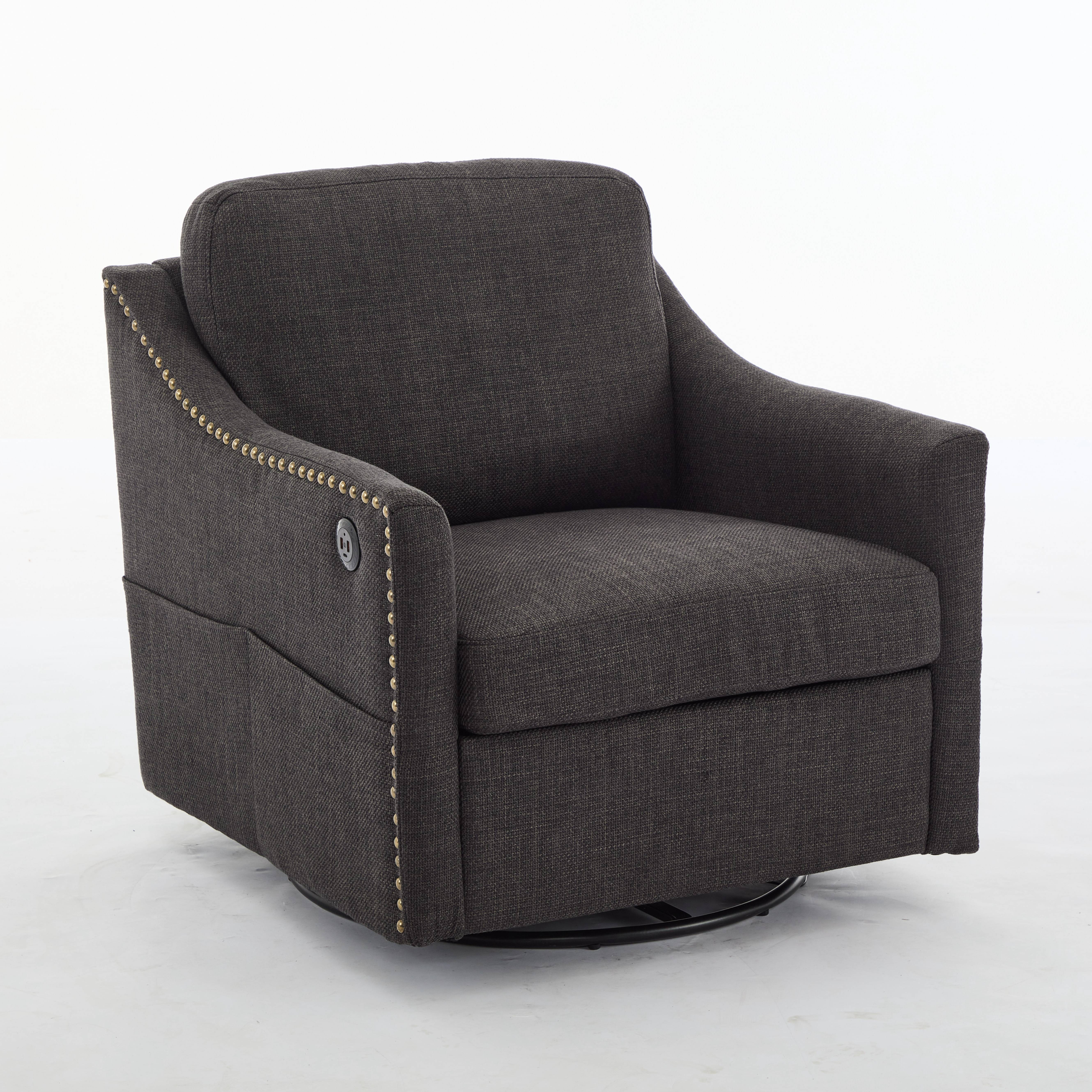 PORKISS Modern Swivel Accent Chair, 360 Rotating with USB & Magazine Pockets, Dark Gray