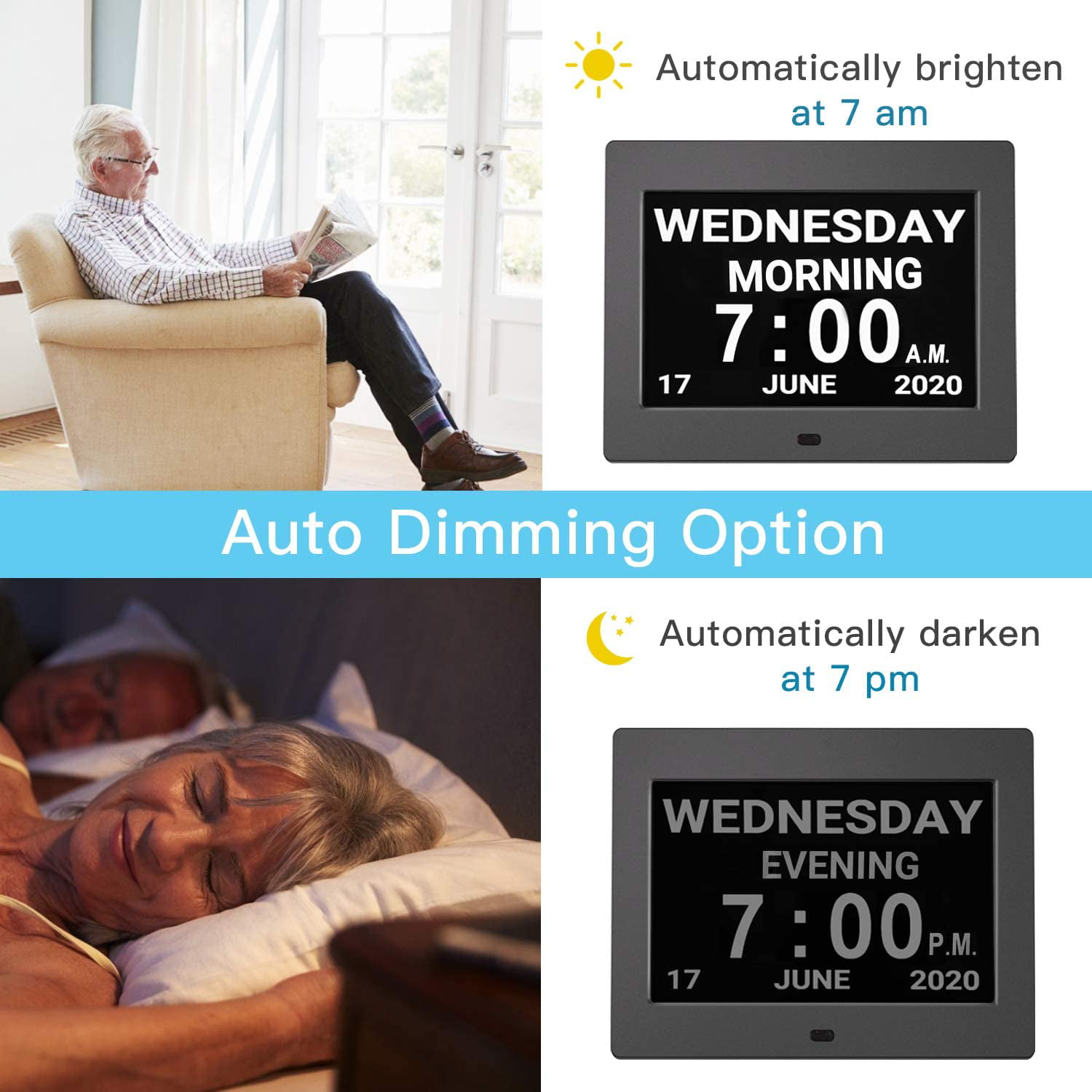 Digital Calendar Alarm Day Clock - with 8 Large Screen Display