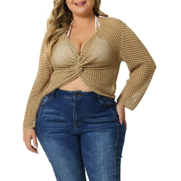 Agnes Orinda Women's Plus Size V-Neck Twist Knot Hollow Out Long Sleeve Top 2X Light Camel