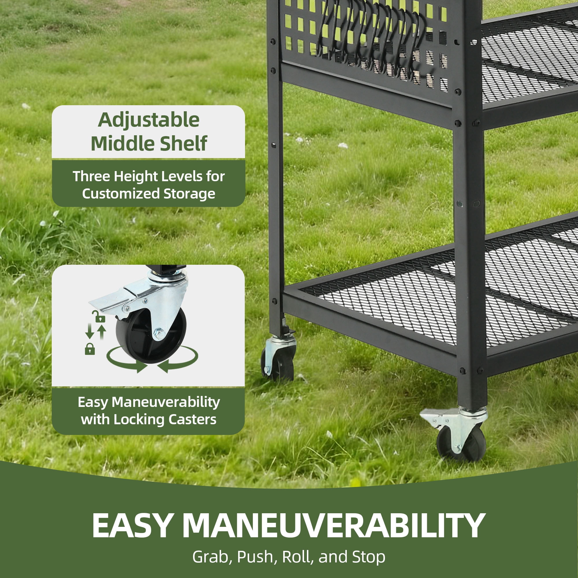 Uforic 3-Tier Grill Cart with Drop Leaf, Outdoor Island Table with Wheels & Hooks, Black