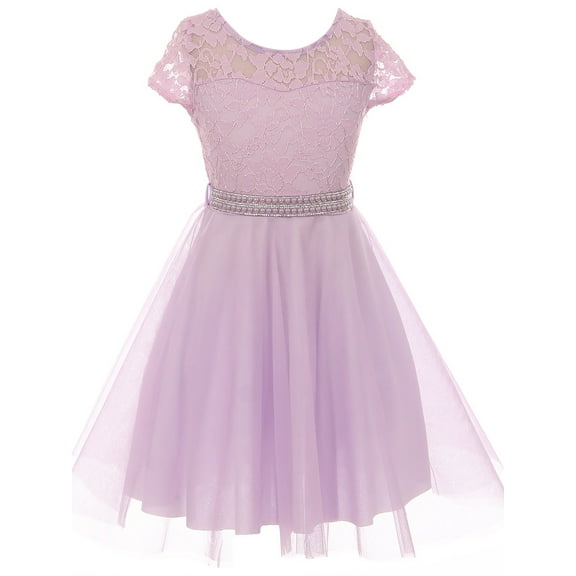 Little Girls Floral Lace Tulle Pearl Rhinestones Holiday Party Flower Girl Dress Lavender 4 (J21KS22)