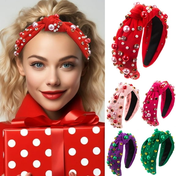 Women Pearl Knotted Headband, Fake Pearl Rhinestone Crystal Jeweled Hairband, Wide Top Knot Hairband, Christmas Valentine’s Day Hair Accessories Holiday Gifts
