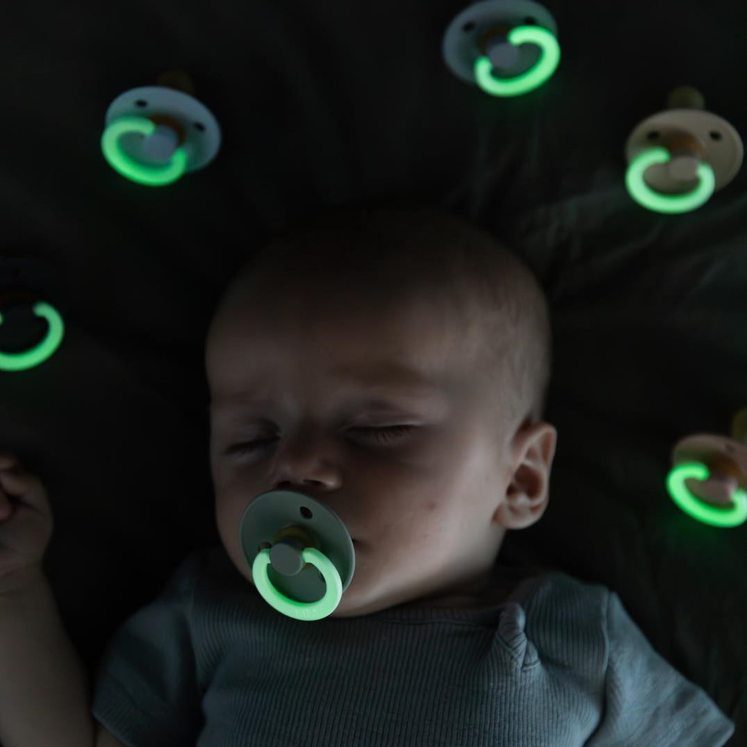 BIBS Colour Glow in The Dark Latex Pacifier Size 2, 6,18 Months, Iron/Baby Blue, 2 Pack