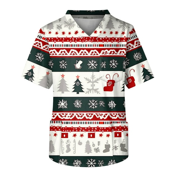 Hogleaql Medical Uniform Men Scrub Tops Short Sleeve V Neck Working Top with Pocket Snowflakes Santa Claus, Animals Print Plus Size 2025 Casual Workwear Scrub Tops White XL