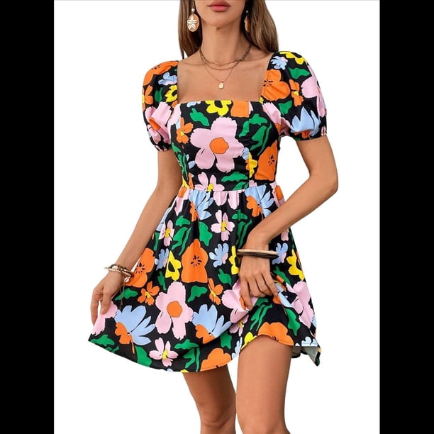 Vestido Bohemio Acampanado con Mangas Abullonadas y Volantes Fruncidos para Mujer Negro M