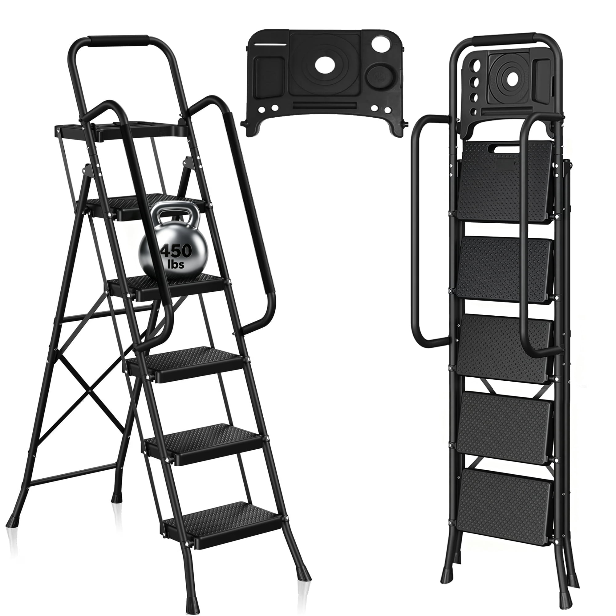 PhiloDeco 5 Step Ladder with Handrails and Tool Tray, Sturdy Metal Step Stool with Anti-Slip Wide Pedals & Safe-Lock Design, 450lbs Safety Ladder for Adults, Portable Folding Ladder for Home, Kitchen