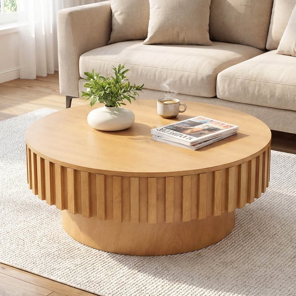 Costway Round Coffee Table with Storage, Wooden Drum Coffee Table with Hidden Compartment Natural