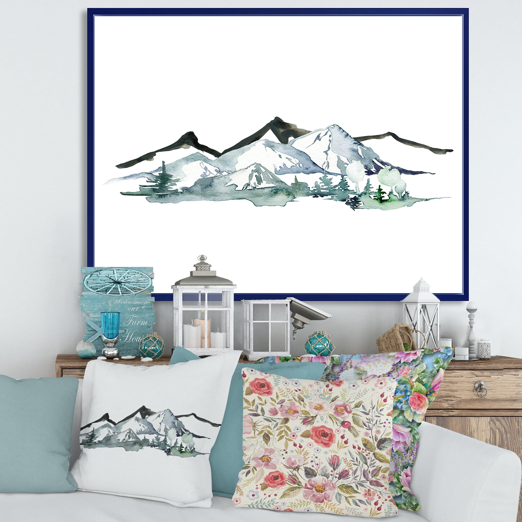 Designart 'Minimalistic Fir Forest and Winter Mountains I' Modern Framed Canvas Wall Art Print