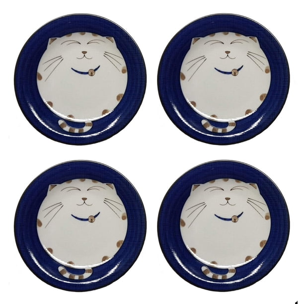 JapanBargain 2560x4 Juego de 4 platos redondos japoneses de porcelana para aperitivos, postres, pasteles, aperitivos, Maneki Neko, patrón de gato de la suerte sonriente para los amantes de los gatos,