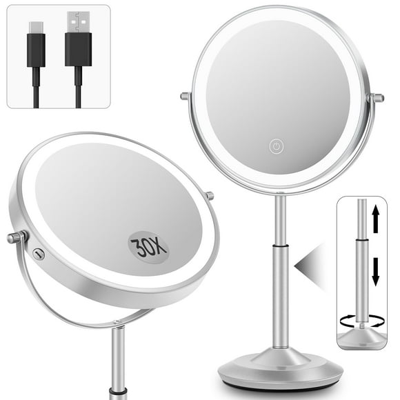 Espejo de maquillaje vpu de 8 pulgadas, 30 veces iluminado, recargable, ajustable
