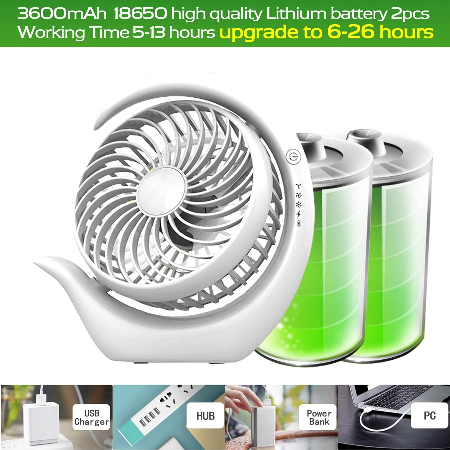 Hanonwoven 3-Speed Rechargeable Portable USB Desk Fan