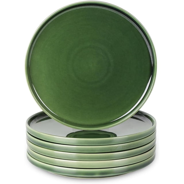 Ceramic Salad Plates Set - Porcelain 8 Inch Flat Dessert Appetizer Plate for Lunch Home Party Restaurant - Scratch Resistant Microwave Oven and Dishwasher Safe - Set of 6 (Green)