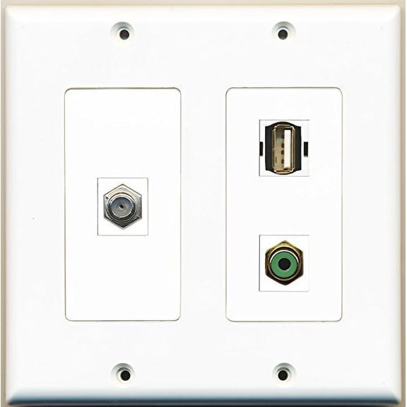 RiteAV - 1 Port RCA Green 1 Port Coax Cable TV- F-Type 1 Port USB A-A - 2 Gang Wall Plate