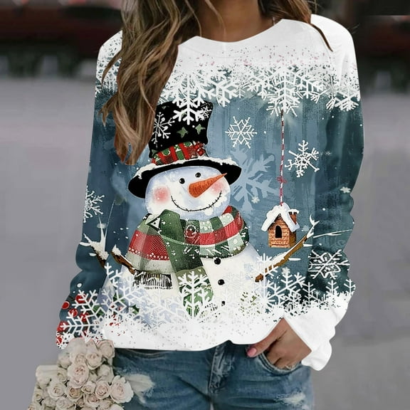 AGWOLF Womens Ugly Christmas Plus Size Sweatshirt Cute Snownman Print Shirts Long Sleeve Crewneck Pullover Tops
