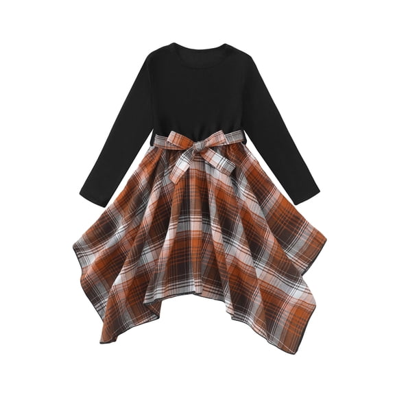 Kucnuzki 9 Years Big Girls Winter Dress 10 Years Kids Girl Clothing Long Sleeves Plaid Swing Dress Casual Dresses Irregular Dresses One-piece Overalls Brown