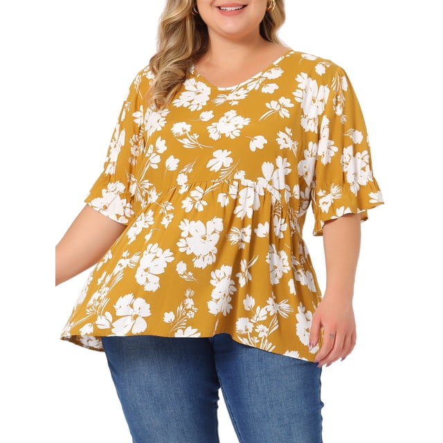 Women's Plus Size Tops for Women V Neck Floral Print Ruffle Short Sleeve Tiered Babydoll Blouses Yellow 3X
