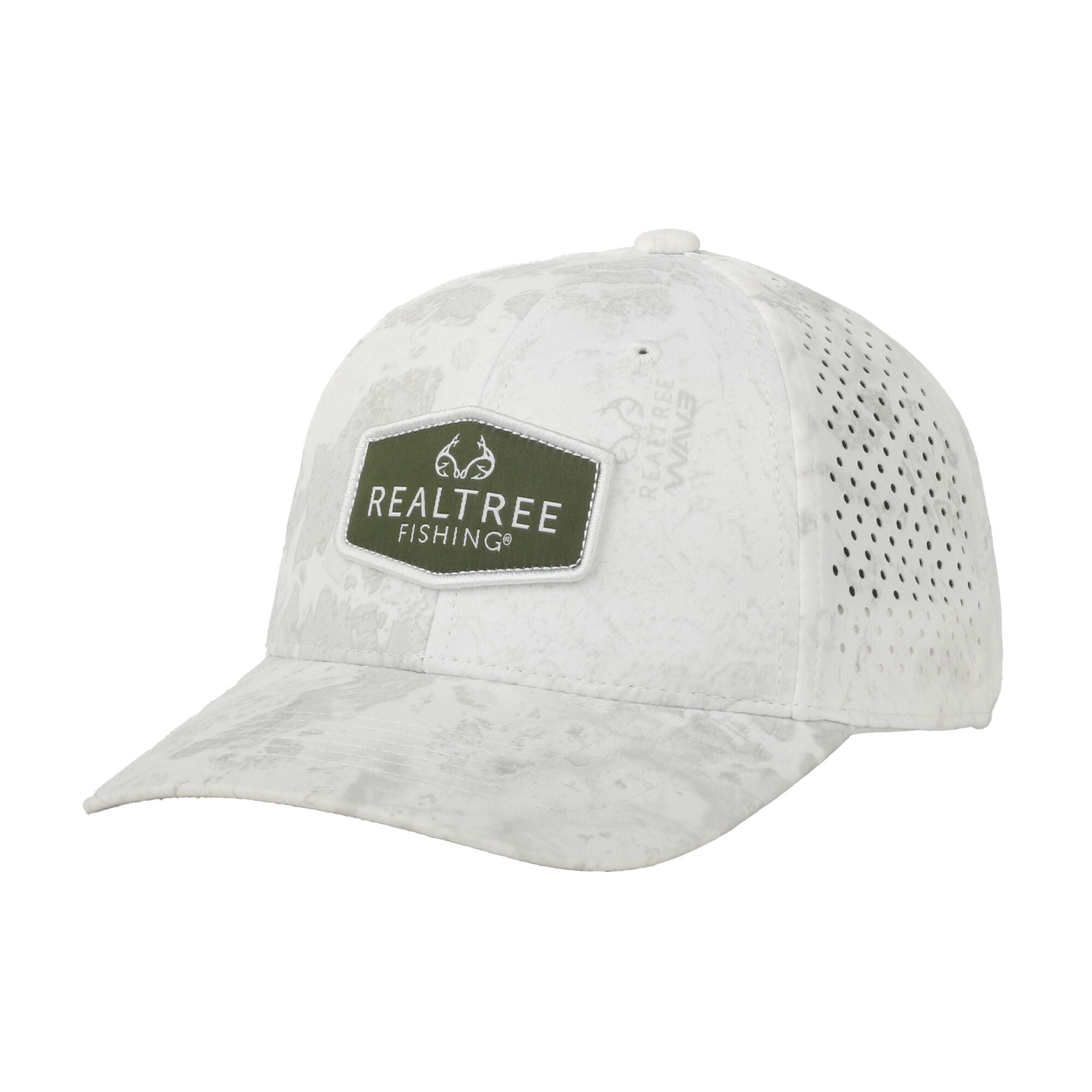 Realtree® Fishing WAV3 White Cap – Full Fabric with Scout Patch, Snapback, One Size