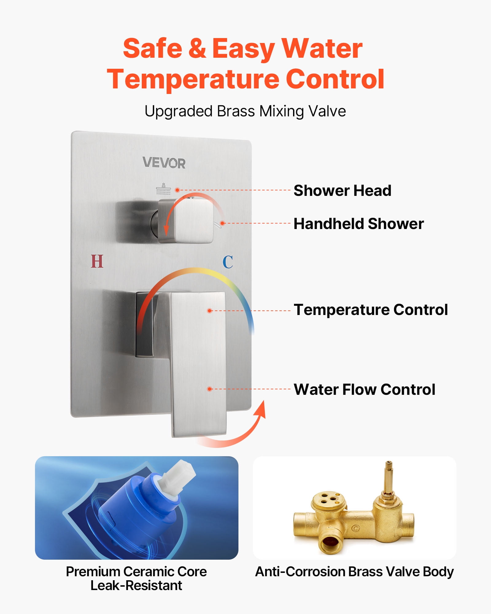 VEVOR Shower Faucet Set, Rainfall Bathroom Shower System with 10-Inch Square Rain Shower Head and Handheld Spray, Wall Mounted Bath Fixtures with Brass Valve and Trim Kit, Brushed Nickel