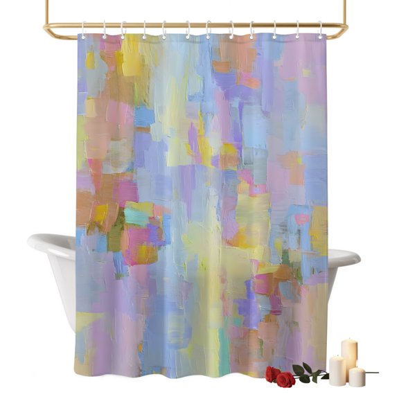 Blue Purple Oil Painting Bathroom Shower Curtains with Hooks, Abstarct Blue Yellow Swashes Waterproof Fabric Washable Shower Curtain for Home Hotel Bathtub Decor 36x72 Inch