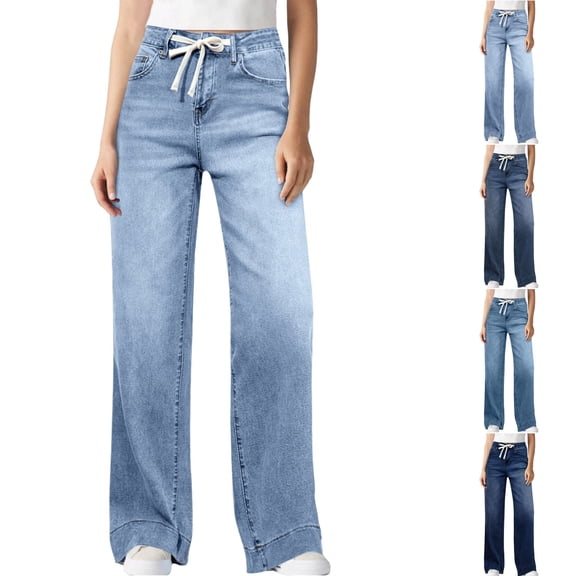 WPPGONE Jeans for Women Stretchy Trendy High Elastic Waisted Drawstring Loose Fit Straight Leg Bottoms Trousers with Pockets