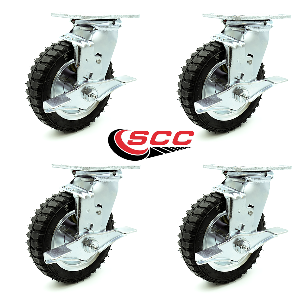 6" Pneumatic Swivel Caster w/Top Lock Brakes Set of 4 Black Rubber Wheel 1,000 lbs. Capacity