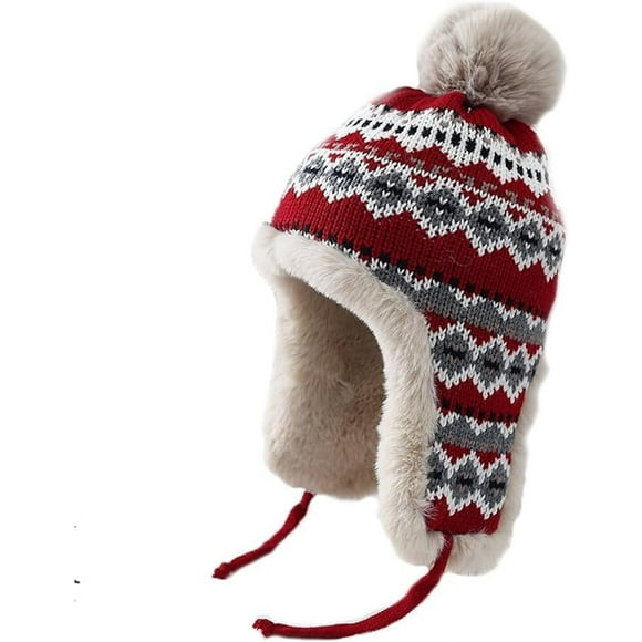 Womens Winter Knit Beanie Hat Ladies Fur Pom Poms Ears Warm Slouchy Snow Ski Cap Fleece Thermal Ushanka Trapper Hat