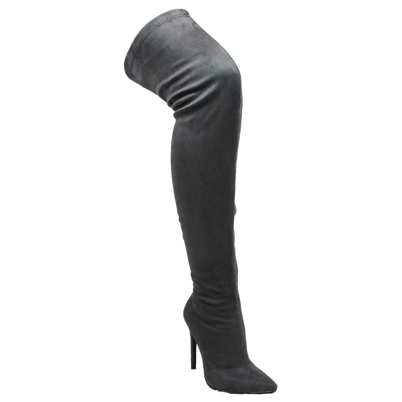 Liliana Gisele-50 BLACK Leather Stretchy Thigh High Pointy Stiletto Heel Boot 