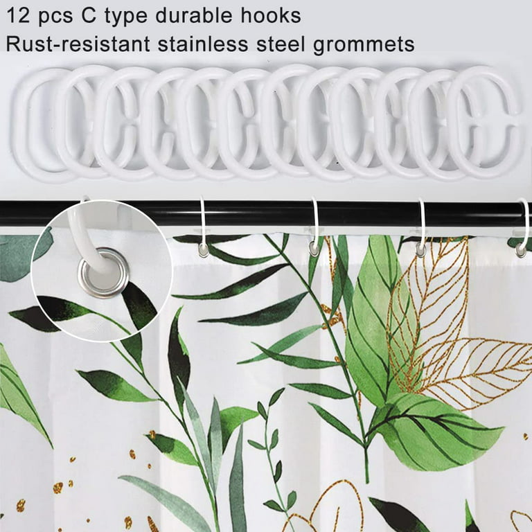 Green Leaves Shower Curtain, Green and Gold Tropical Leaves Shower Curtain  Set for Bathroom Waterproof Fabric Watercolor Eucalyptus Bathroom Decor  with Hooks, 72x72 Inch 