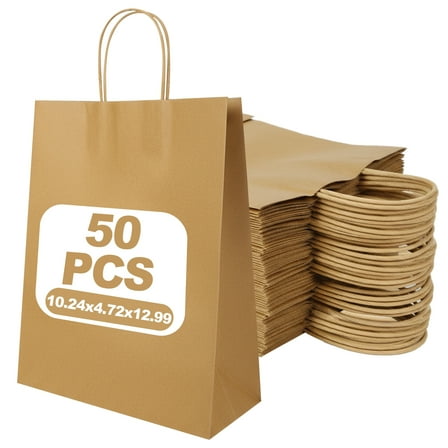 Anscher 50 Pack Brown Kraft Paper Gift Bags with Handles,26x12x33 CM Small Bags Kraft Paper Bags for Thank You's Day Shopping Birthday Grocery Retail Business Party
