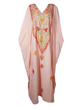 Mogul Women Pink Floral Embroidered Kaftan Maxi Dress Embellished Bohemian House dress Kimono Long Caftan 3XL