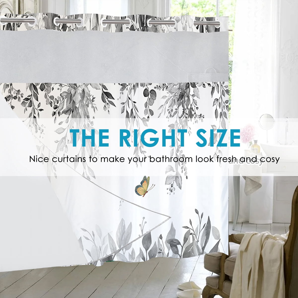 Dznils No Hook Shower Curtain with Snap-in Liner, Gray Eucalyptus Fabric Bathroom Curtain, 72" x 74"