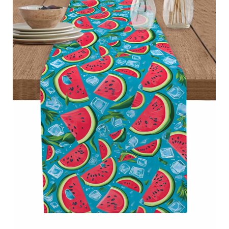 Watermelon Table Runner 108 Inches, Summer Cartoon Tropical Fruit Ice Cubes Bed Runner Dresser Scarves Tabletop for Indoor Outdoor Parties/Ceremony/Banquet, 13"x 108"