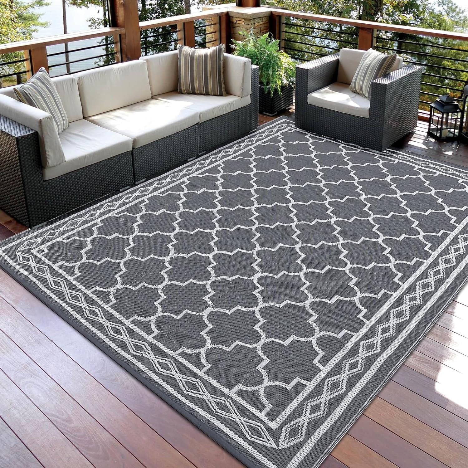 Memoryfield Outdoor Rug 10x14ft for Patios, Plastic Straw Rug Outside Carpet Mats for Picnic, Backyard, Deck, Balcony, Porch, Beach, Gray & White